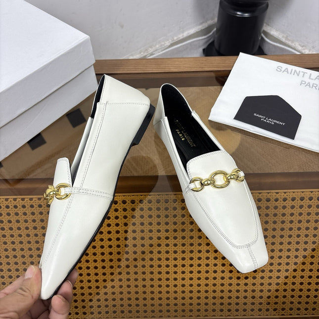 YSL 26S SQUARE-TOE LOAFERS IN WHITE CALFSKIN WITH GOLD HARDWARE