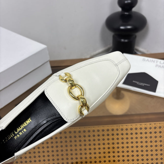 YSL 26S SQUARE-TOE LOAFERS IN WHITE CALFSKIN WITH GOLD HARDWARE