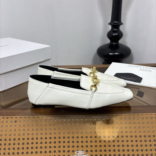 YSL 26S SQUARE-TOE LOAFERS IN WHITE CALFSKIN WITH GOLD HARDWARE