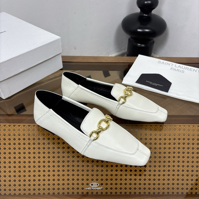 YSL 26S SQUARE-TOE LOAFERS IN WHITE CALFSKIN WITH GOLD HARDWARE