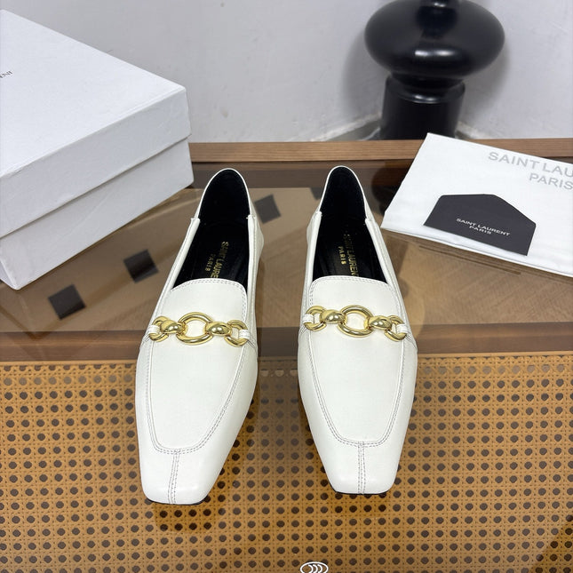 YSL 26S SQUARE-TOE LOAFERS IN WHITE CALFSKIN WITH GOLD HARDWARE