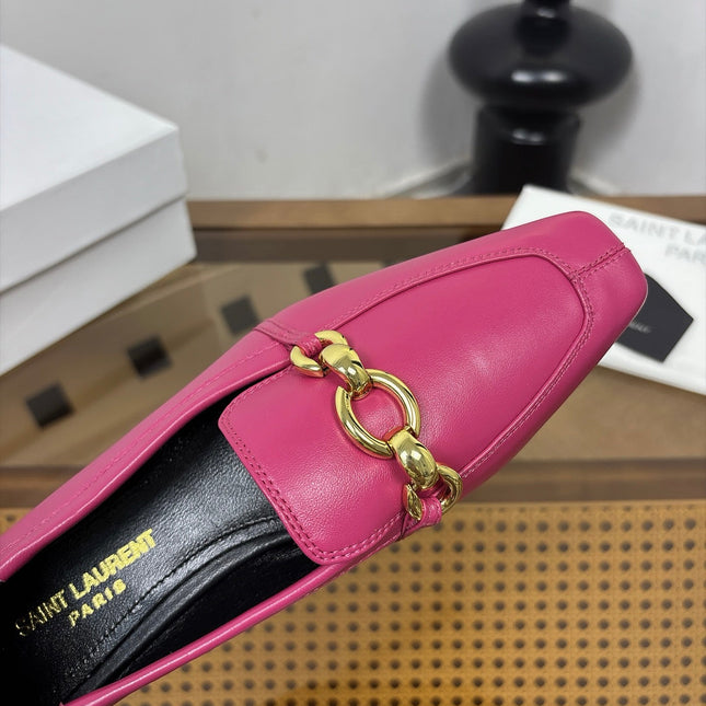 YSL 26S SQUARE-TOE LOAFERS IN PINK CALFSKIN WITH GOLD HARDWARE