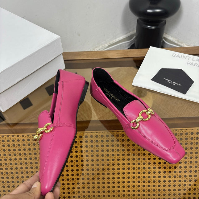YSL 26S SQUARE-TOE LOAFERS IN PINK CALFSKIN WITH GOLD HARDWARE