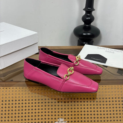 YSL 26S SQUARE-TOE LOAFERS IN PINK CALFSKIN WITH GOLD HARDWARE