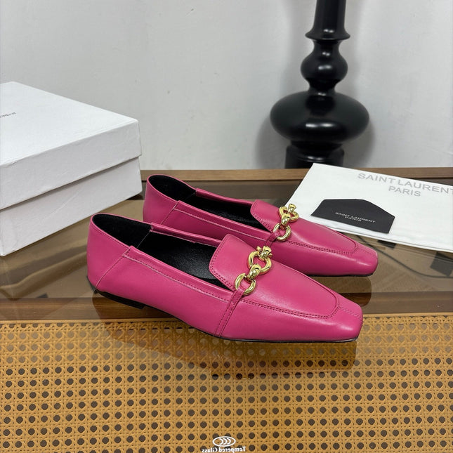 YSL 26S SQUARE-TOE LOAFERS IN PINK CALFSKIN WITH GOLD HARDWARE