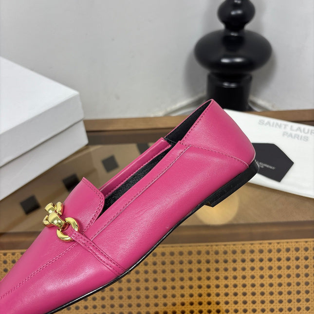YSL 26S SQUARE-TOE LOAFERS IN PINK CALFSKIN WITH GOLD HARDWARE
