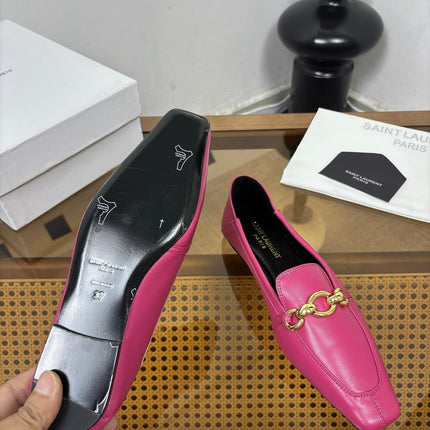 YSL 26S SQUARE-TOE LOAFERS IN PINK CALFSKIN WITH GOLD HARDWARE