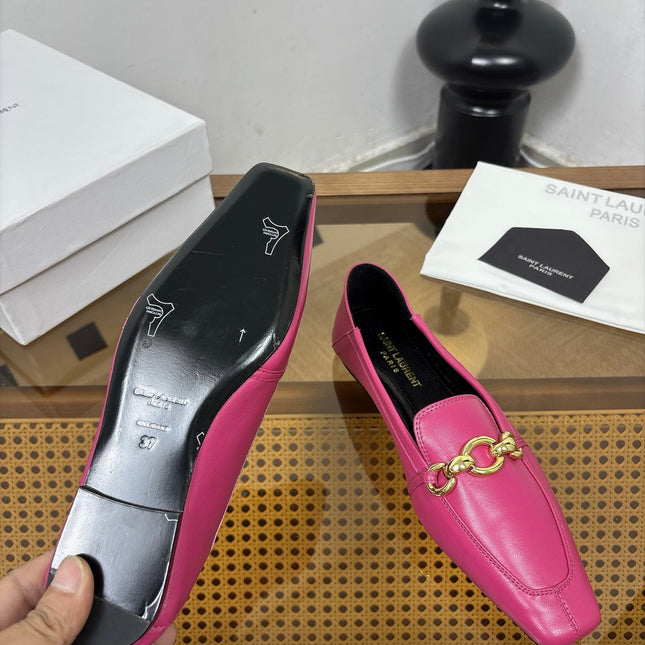 YSL 26S SQUARE-TOE LOAFERS IN PINK CALFSKIN WITH GOLD HARDWARE