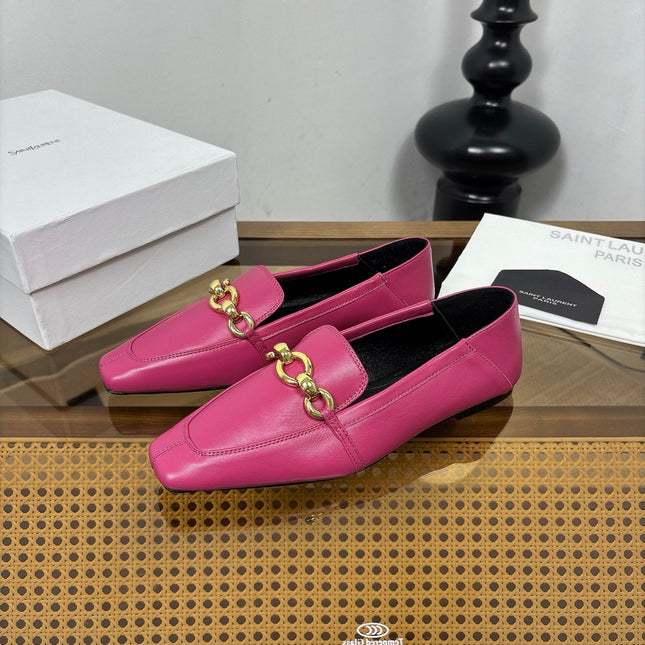 YSL 26S SQUARE-TOE LOAFERS IN PINK CALFSKIN WITH GOLD HARDWARE