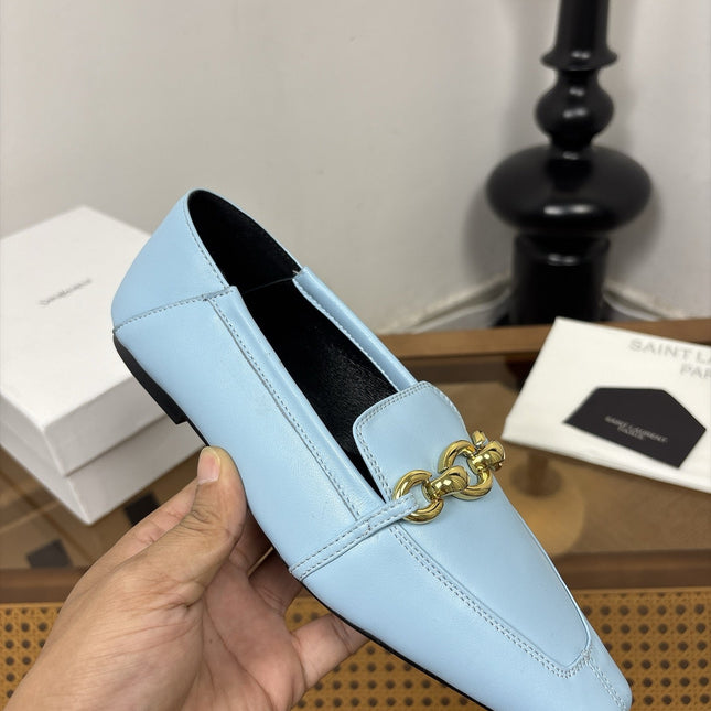 YSL 26S SQUARE-TOE LOAFERS IN LIGHT BLUE CALFSKIN WITH GOLD HARDWARE