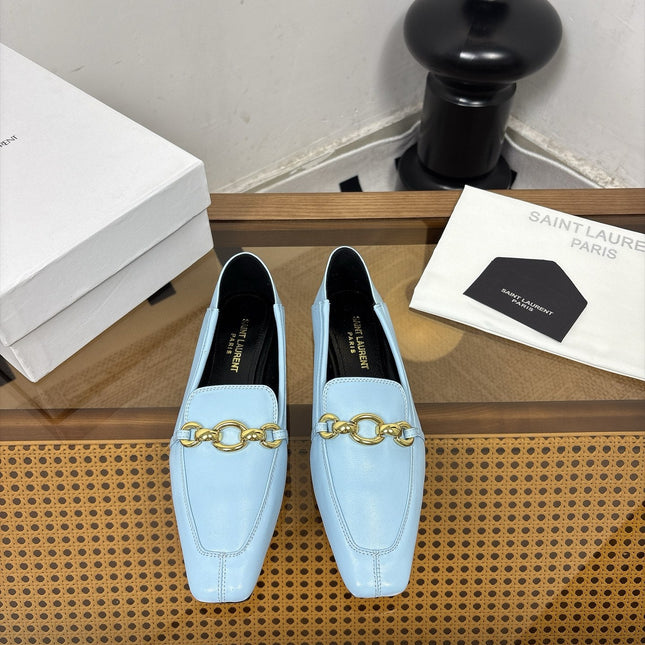 YSL 26S SQUARE-TOE LOAFERS IN LIGHT BLUE CALFSKIN WITH GOLD HARDWARE