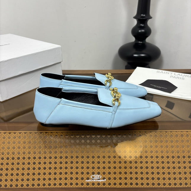 YSL 26S SQUARE-TOE LOAFERS IN LIGHT BLUE CALFSKIN WITH GOLD HARDWARE