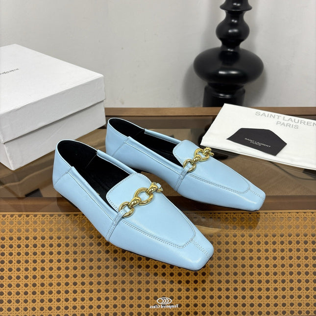 YSL 26S SQUARE-TOE LOAFERS IN LIGHT BLUE CALFSKIN WITH GOLD HARDWARE