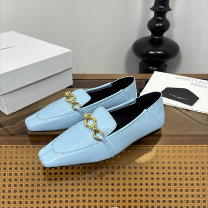 YSL 26S SQUARE-TOE LOAFERS IN LIGHT BLUE CALFSKIN WITH GOLD HARDWARE