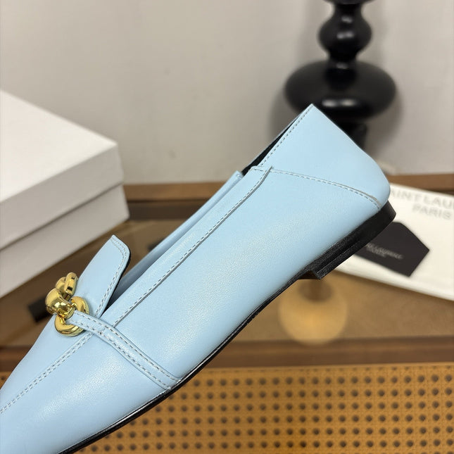 YSL 26S SQUARE-TOE LOAFERS IN LIGHT BLUE CALFSKIN WITH GOLD HARDWARE