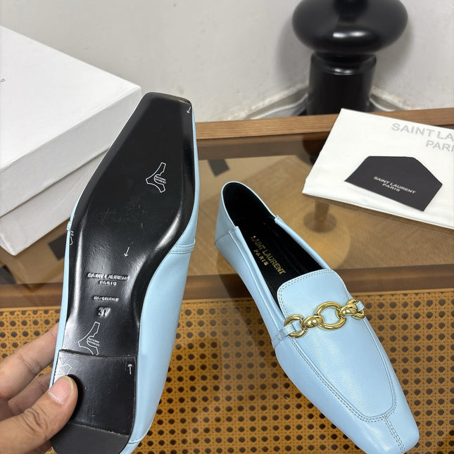 YSL 26S SQUARE-TOE LOAFERS IN LIGHT BLUE CALFSKIN WITH GOLD HARDWARE