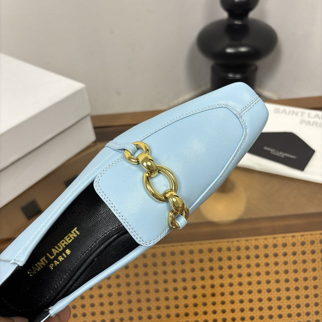 YSL 26S SQUARE-TOE LOAFERS IN LIGHT BLUE CALFSKIN WITH GOLD HARDWARE