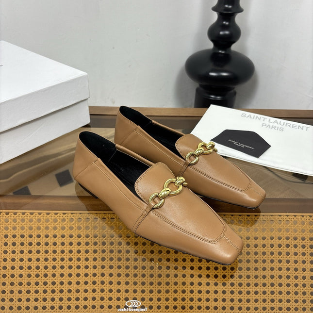 YSL 26S SQUARE-TOE LOAFERS IN LIGHT BROWN CALFSKIN WITH GOLD HARDWARE