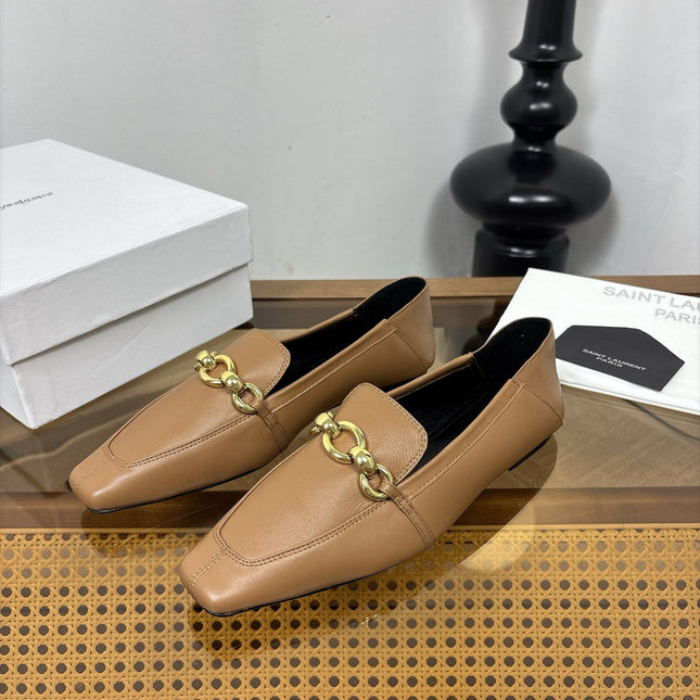YSL 26S SQUARE-TOE LOAFERS IN LIGHT BROWN CALFSKIN WITH GOLD HARDWARE