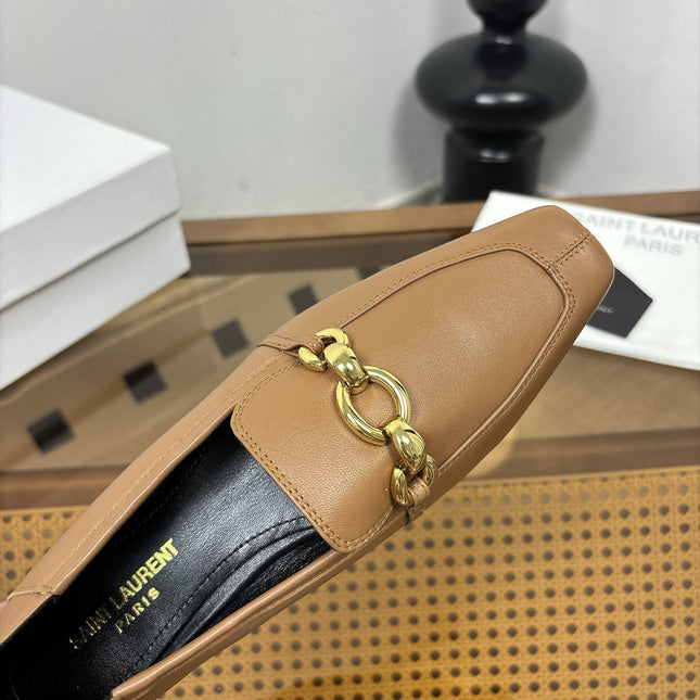 YSL 26S SQUARE-TOE LOAFERS IN LIGHT BROWN CALFSKIN WITH GOLD HARDWARE