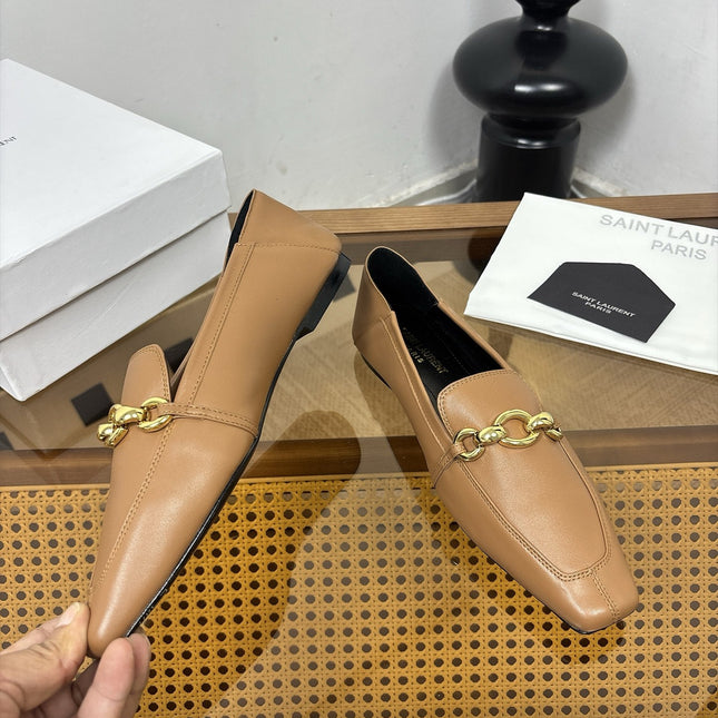 YSL 26S SQUARE-TOE LOAFERS IN LIGHT BROWN CALFSKIN WITH GOLD HARDWARE