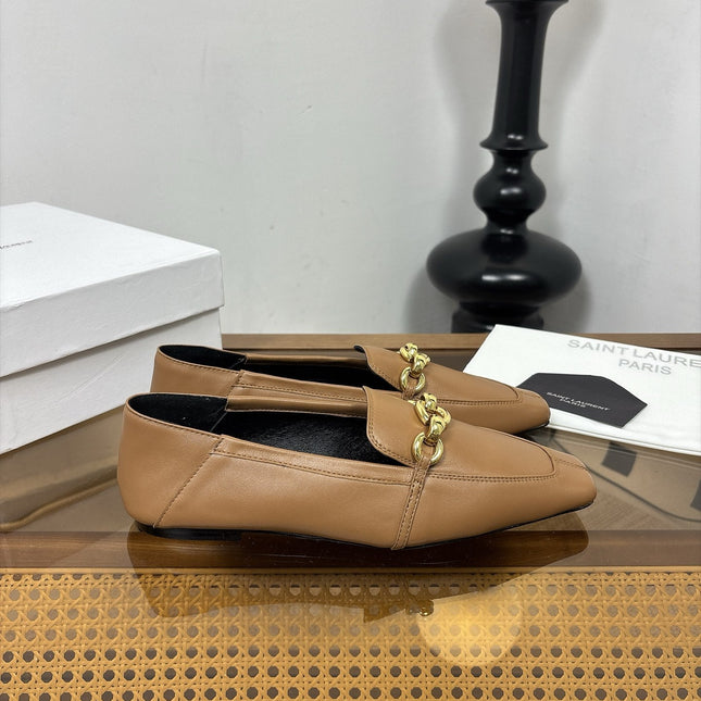 YSL 26S SQUARE-TOE LOAFERS IN LIGHT BROWN CALFSKIN WITH GOLD HARDWARE