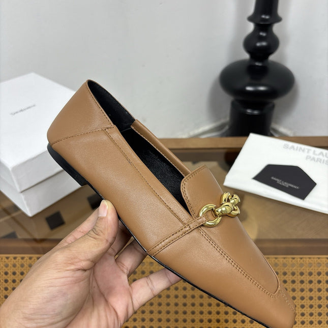 YSL 26S SQUARE-TOE LOAFERS IN LIGHT BROWN CALFSKIN WITH GOLD HARDWARE