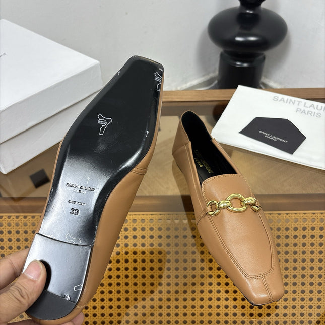 YSL 26S SQUARE-TOE LOAFERS IN LIGHT BROWN CALFSKIN WITH GOLD HARDWARE