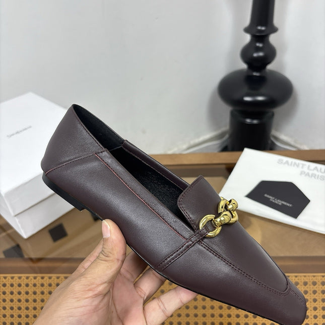 YSL 26S SQUARE-TOE LOAFERS IN CHOCOLATE BROWN CALFSKIN WITH GOLD HARDWARE