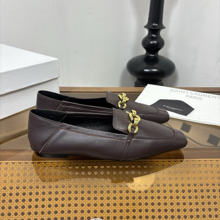 YSL 26S SQUARE-TOE LOAFERS IN CHOCOLATE BROWN CALFSKIN WITH GOLD HARDWARE