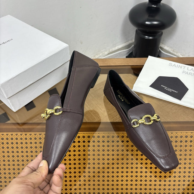 YSL 26S SQUARE-TOE LOAFERS IN CHOCOLATE BROWN CALFSKIN WITH GOLD HARDWARE