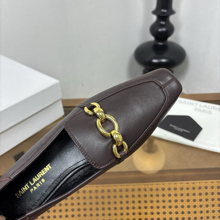 YSL 26S SQUARE-TOE LOAFERS IN CHOCOLATE BROWN CALFSKIN WITH GOLD HARDWARE