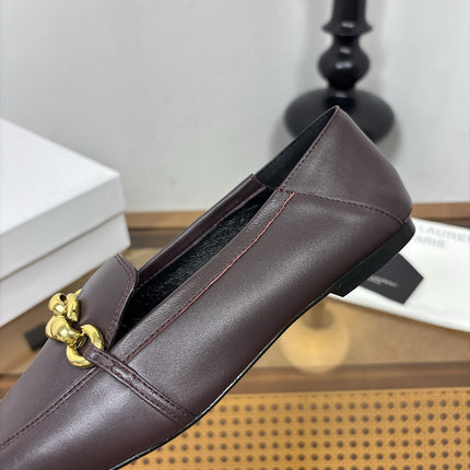 YSL 26S SQUARE-TOE LOAFERS IN CHOCOLATE BROWN CALFSKIN WITH GOLD HARDWARE