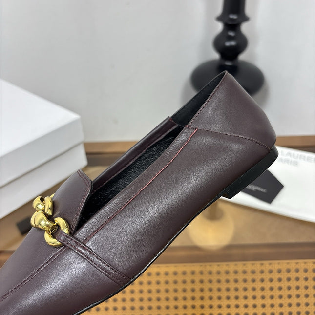 YSL 26S SQUARE-TOE LOAFERS IN CHOCOLATE BROWN CALFSKIN WITH GOLD HARDWARE