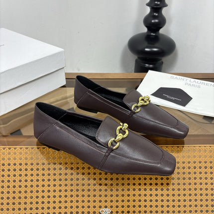 YSL 26S SQUARE-TOE LOAFERS IN CHOCOLATE BROWN CALFSKIN WITH GOLD HARDWARE