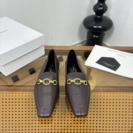 YSL 26S SQUARE-TOE LOAFERS IN CHOCOLATE BROWN CALFSKIN WITH GOLD HARDWARE