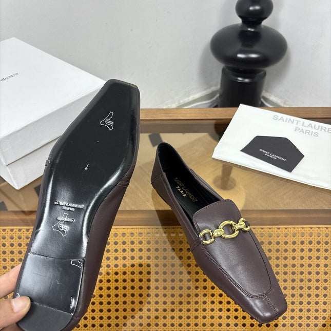 YSL 26S SQUARE-TOE LOAFERS IN CHOCOLATE BROWN CALFSKIN WITH GOLD HARDWARE