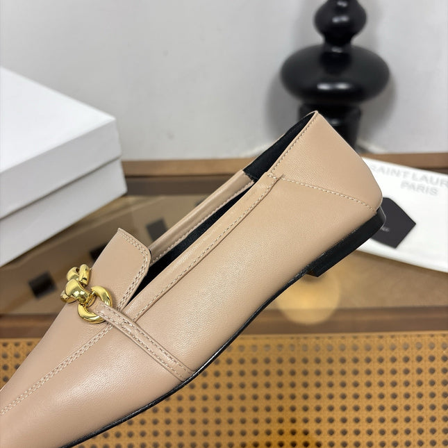 YSL 26S SQUARE-TOE LOAFERS IN BEIGE CALFSKIN WITH GOLD HARDWARE