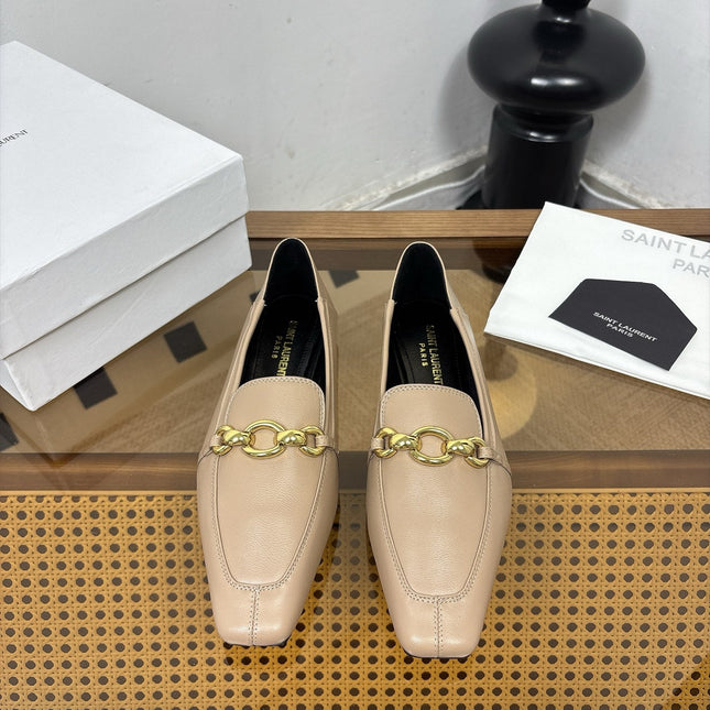 YSL 26S SQUARE-TOE LOAFERS IN BEIGE CALFSKIN WITH GOLD HARDWARE
