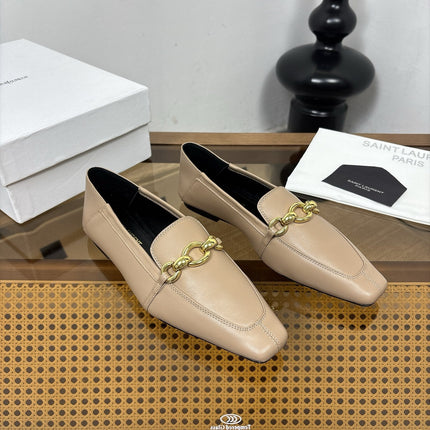 YSL 26S SQUARE-TOE LOAFERS IN BEIGE CALFSKIN WITH GOLD HARDWARE