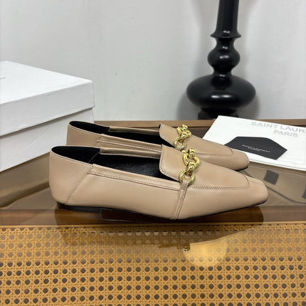 YSL 26S SQUARE-TOE LOAFERS IN BEIGE CALFSKIN WITH GOLD HARDWARE