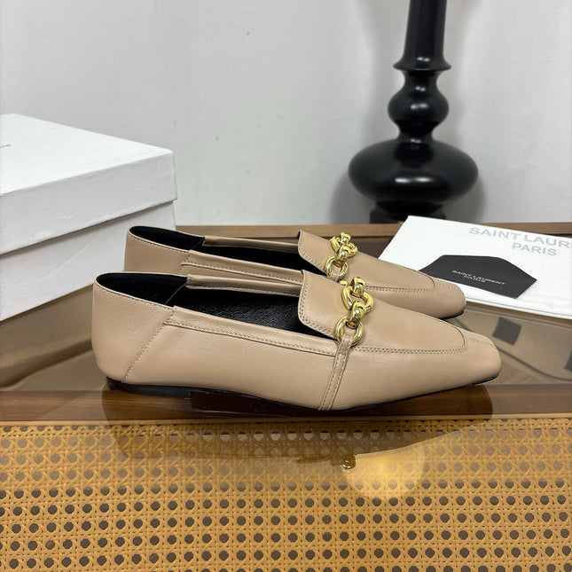 YSL 26S SQUARE-TOE LOAFERS IN BEIGE CALFSKIN WITH GOLD HARDWARE