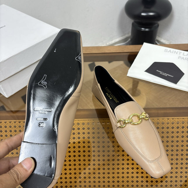 YSL 26S SQUARE-TOE LOAFERS IN BEIGE CALFSKIN WITH GOLD HARDWARE