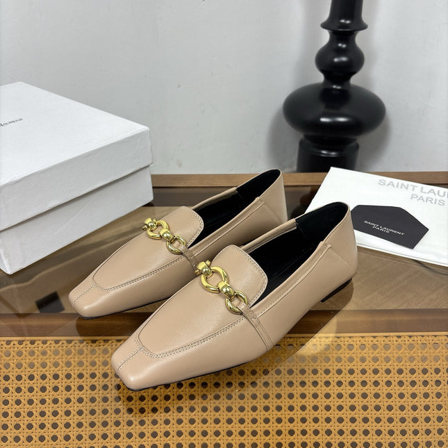 YSL 26S SQUARE-TOE LOAFERS IN BEIGE CALFSKIN WITH GOLD HARDWARE