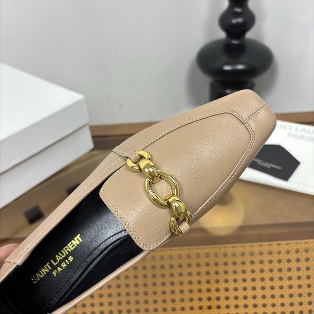 YSL 26S SQUARE-TOE LOAFERS IN BEIGE CALFSKIN WITH GOLD HARDWARE