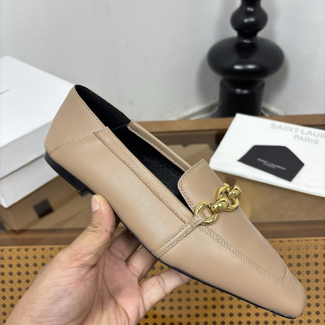 YSL 26S SQUARE-TOE LOAFERS IN BEIGE CALFSKIN WITH GOLD HARDWARE