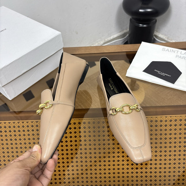 YSL 26S SQUARE-TOE LOAFERS IN BEIGE CALFSKIN WITH GOLD HARDWARE