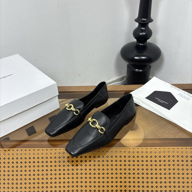 YSL 26S SQUARE-TOE LOAFERS IN BLACK CALFSKIN WITH GOLD HARDWARE