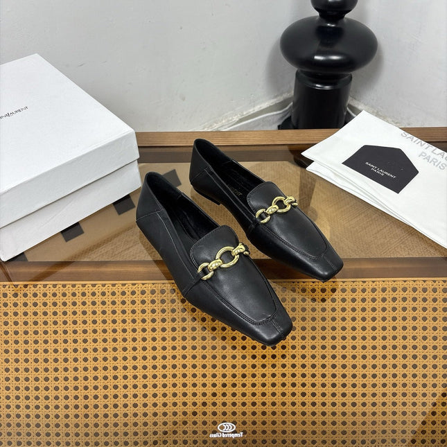 YSL 26S SQUARE-TOE LOAFERS IN BLACK CALFSKIN WITH GOLD HARDWARE