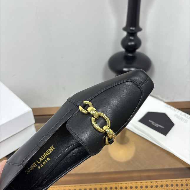 YSL 26S SQUARE-TOE LOAFERS IN BLACK CALFSKIN WITH GOLD HARDWARE